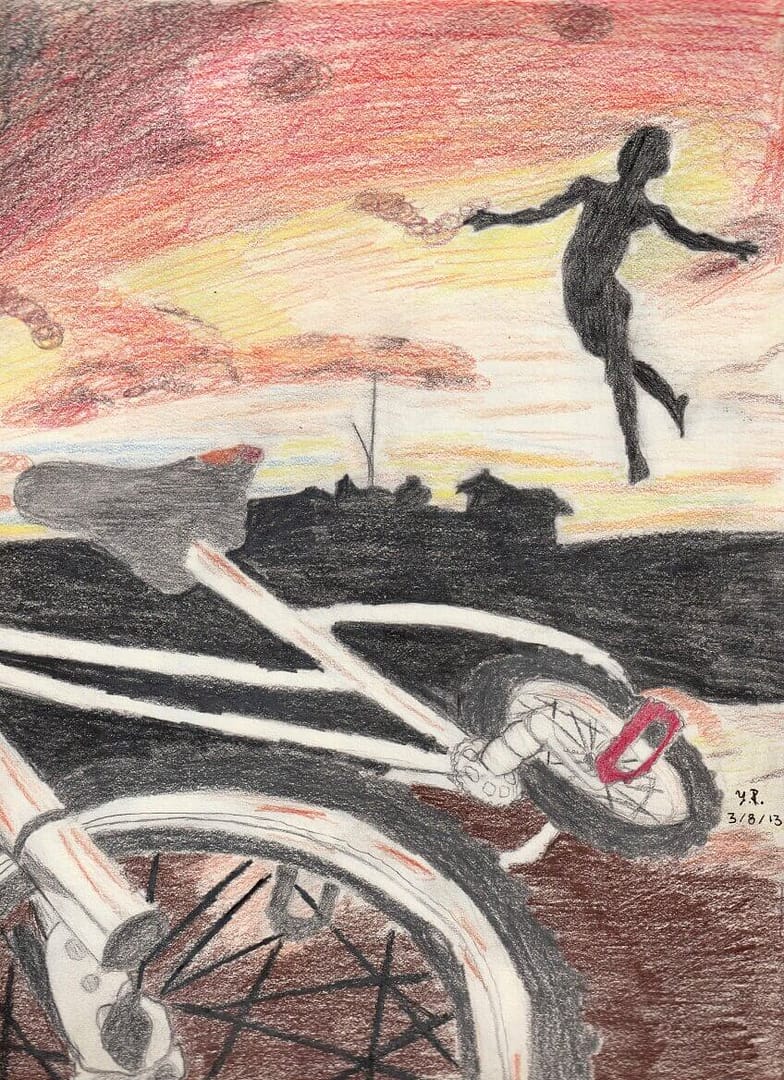 A Boy, bike and Sunset mixed media illustration